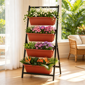 4-Tier Vertical Raised Garden Bed with Drainage Holes And 4 Containers for Easy Gardening Organization 4-Tier Vertical Raised Garden Bed with Drainage Holes And 4 Containers for Easy Gardening Organization
